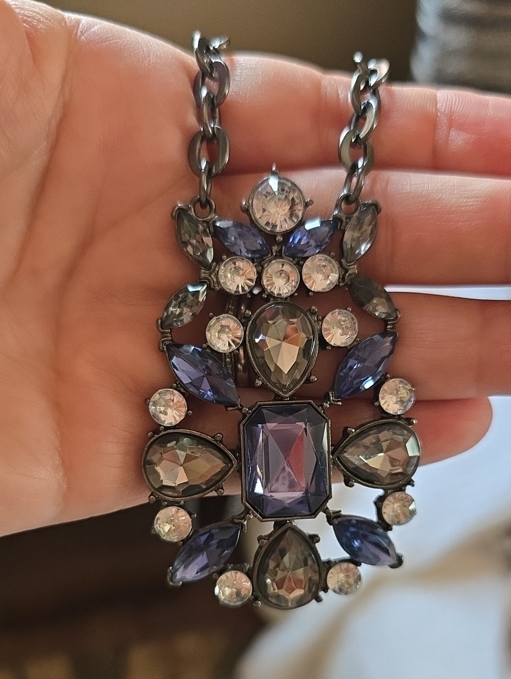 Statement Blue and Gunmetal Crystal Pendant Necklace